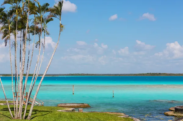 Exploring the stunning Bacalar Lagoon with its crystal-clear blue waters and peaceful ambiance, a must-visit near Cancún. Things to do in Cancún.