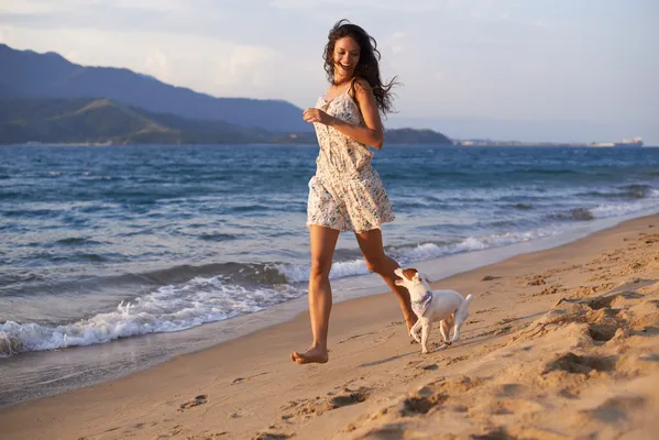 A playful dog enjoying the sandy shores of a Cancún beach with stunning turquoise waves and a sunny atmosphere. Things to do in Cancún.